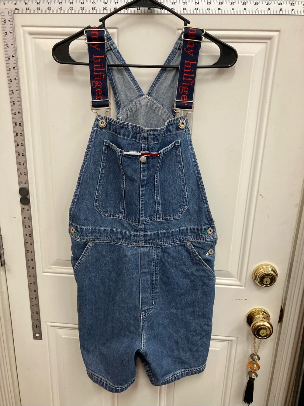 Vintage, Tommy Hilfiger,Denim Short Overalls, with TH Logo Straps